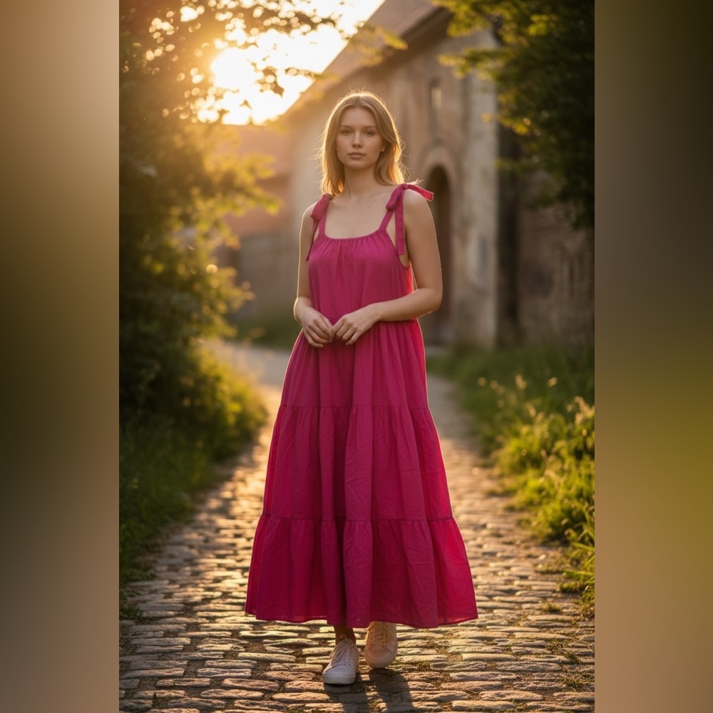 GAP Bright Pink Sleeveless Tie Neck Tiered Maxi Dress | Sizzling Fucshia Size XL